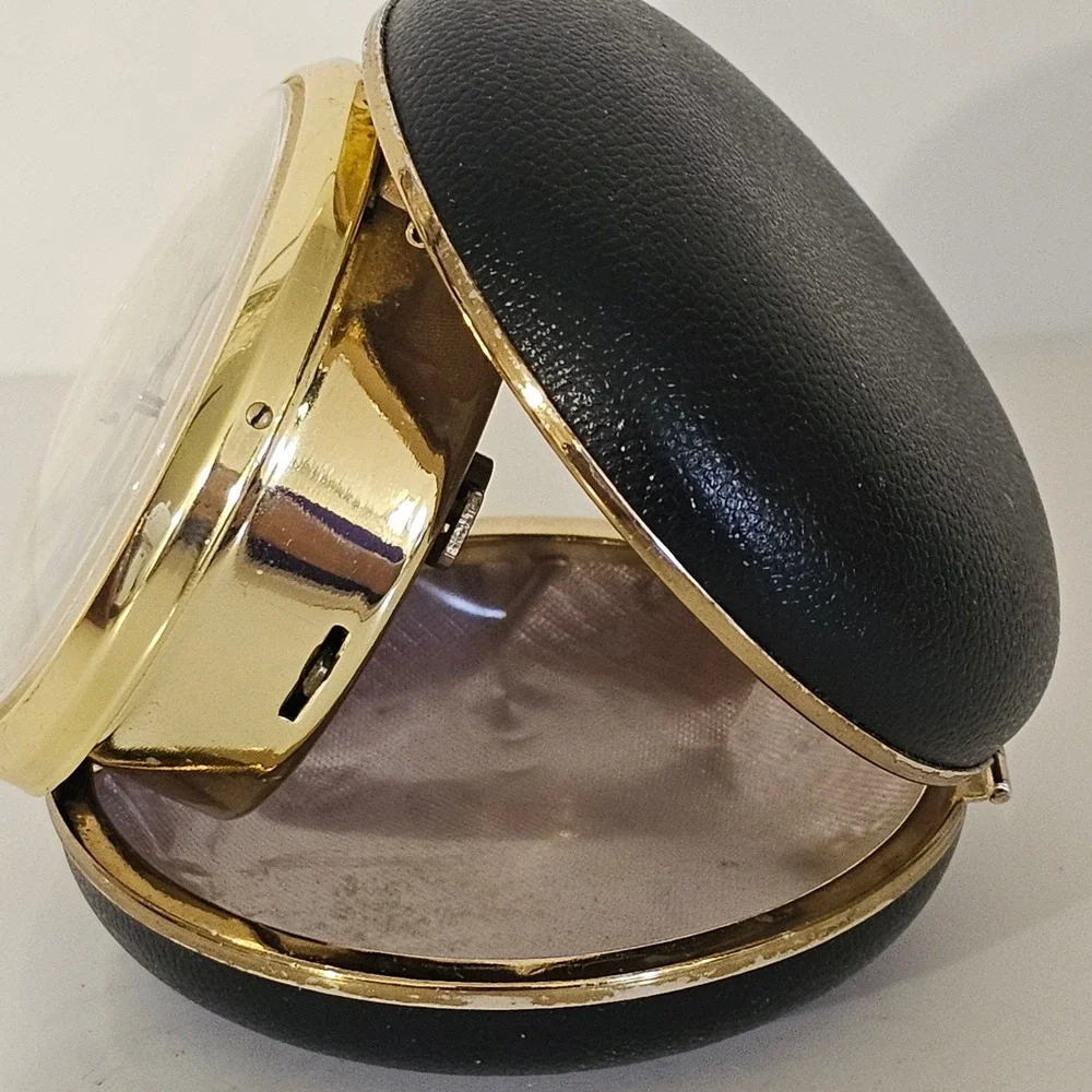 Vintage Linden Travel Alarm Clock Gold Tone Mechanical Wind Up Japan Black Case